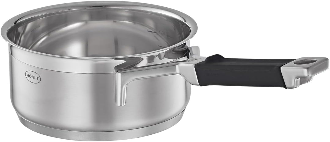 RÖSLE SILENCE PRO Stielkasserolle, Hochwertiger Universaltopf aus Edelstahl 18/10, 16 cm, Silikongri
