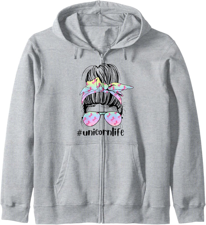 Unicorn Life Lustige Messy Bun Hair Pastell Regenbogen Sonnenbrille Kapuzenjacke