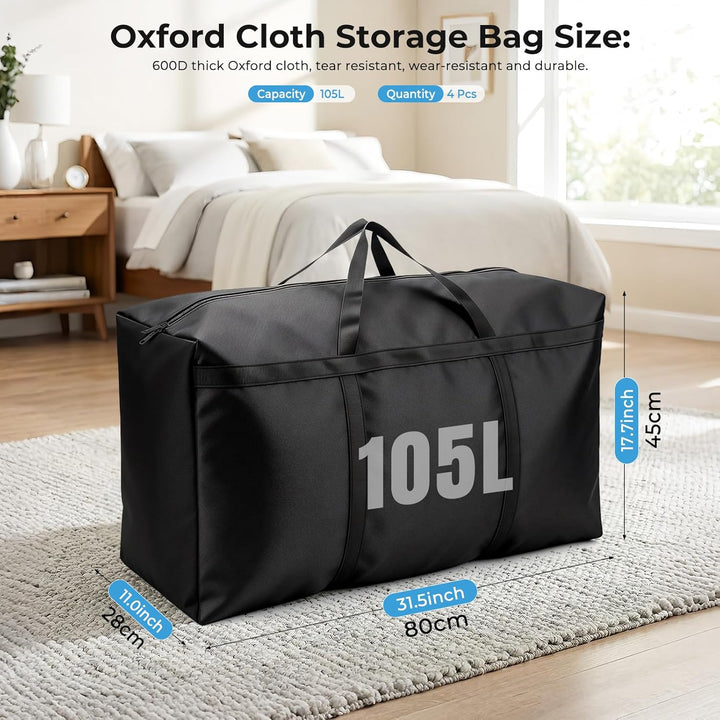4 Stück Aufbewahrungstasche 105L, 600D Oxford Heavy-Duty Umzugstaschen mit Reissverschlüssen Handgri