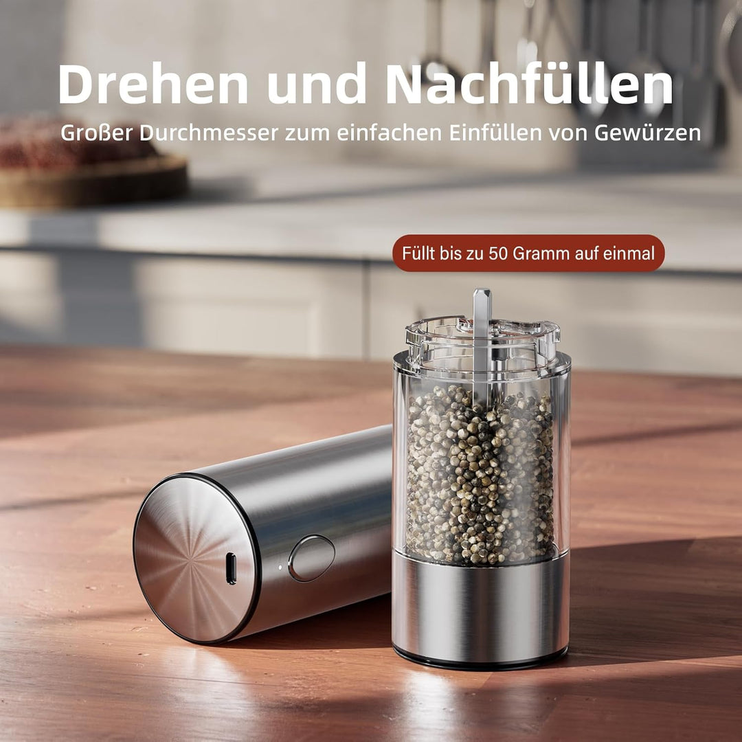 WONMAKE Salz und Pfeffermühle elektrisch Set mit verstellbarem Keramikmahlwerk,USB Wiederaufladbar S