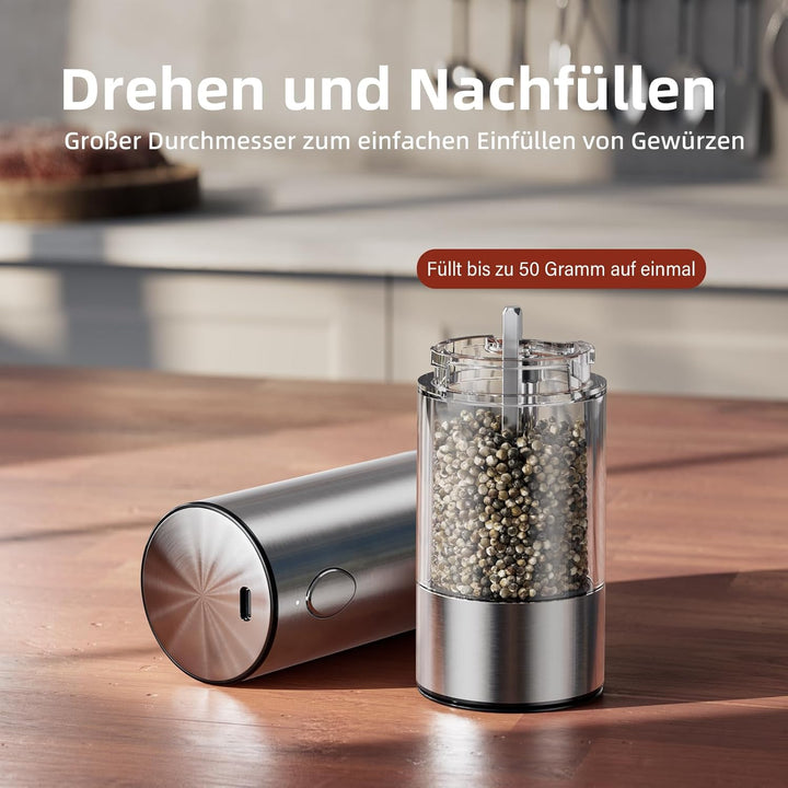 WONMAKE Salz und Pfeffermühle elektrisch Set mit verstellbarem Keramikmahlwerk,USB Wiederaufladbar S
