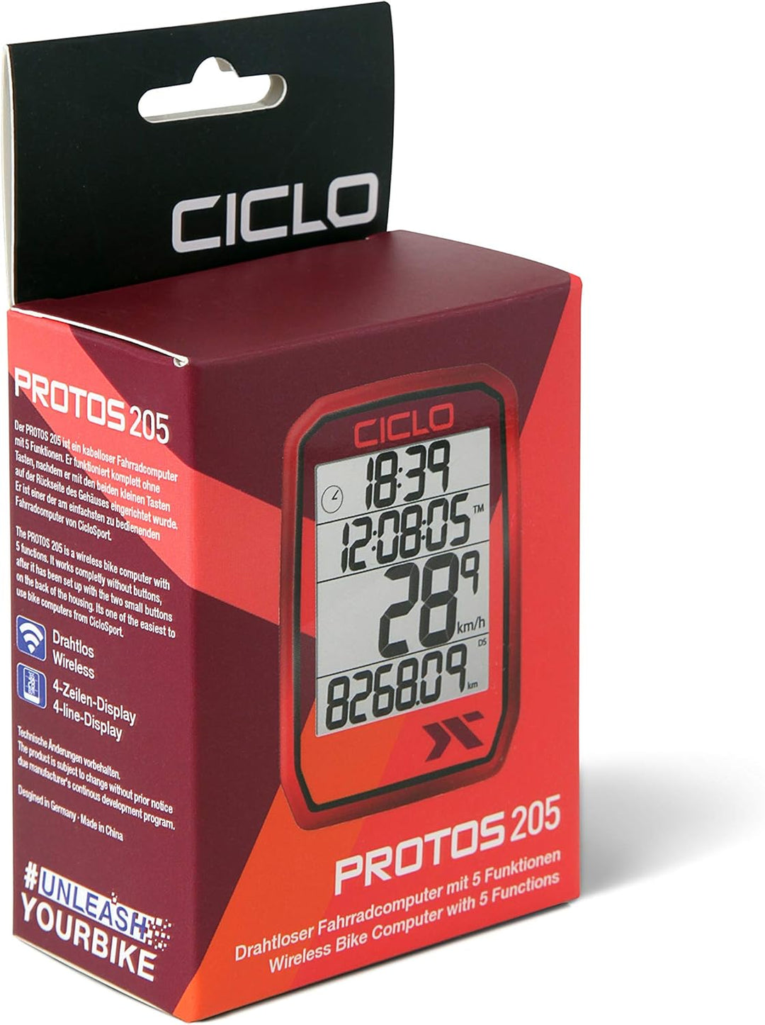 CICLO PROTOS 205 drahtloser Fahrradcomputer, mit 5 automatischen Funktionen, rot