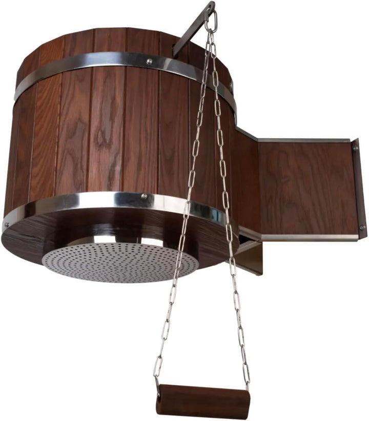 Wasserfall-Schwalldusche COOLER 35 l aus Thermo-Holz & Edelstahl | festmontierte Regenfall-Dusche fü