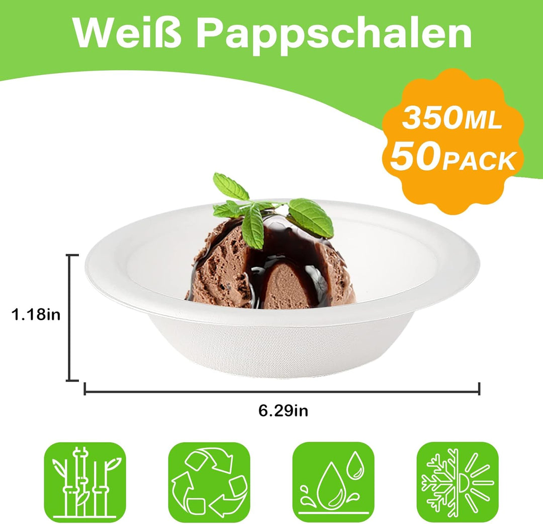 greensight 50 Stück Pappschalen Einweg Suppenschalen 350ML aus Zuckerrohr Einweggeschirr Suppentelle