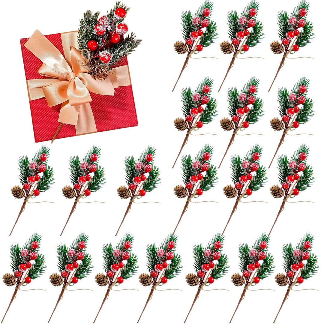 20 Stück Rote und Weisse Beerenstiele, Kleine Künstliche Kiefernspiesse und Sprays Weihnachtsbeeren-