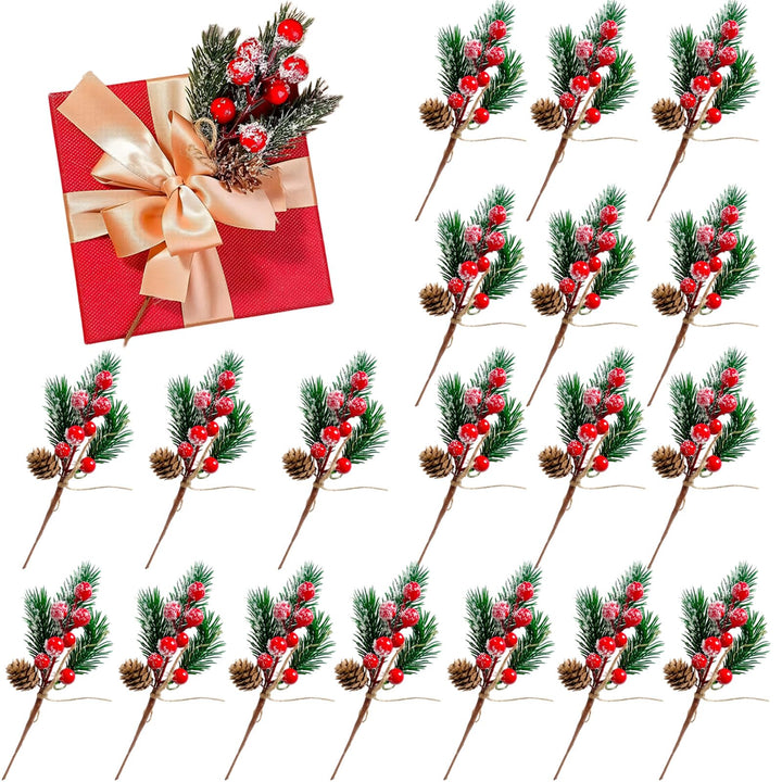 20 Stück Rote und Weisse Beerenstiele, Kleine Künstliche Kiefernspiesse und Sprays Weihnachtsbeeren-
