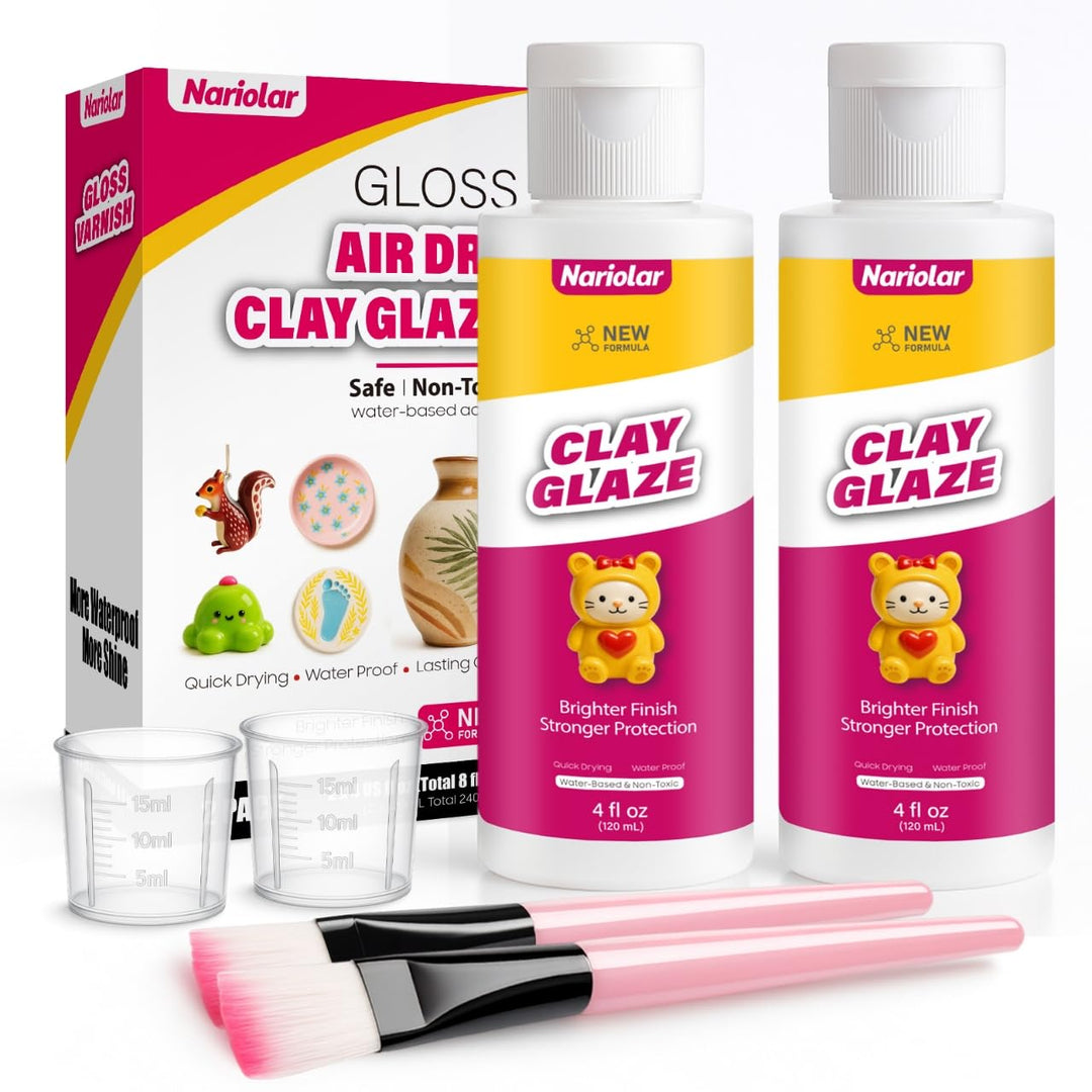Glasur für Ton Lufttrocknend – 2x120 ml Air Dry Clay Glaze,Tonlack Glanz mit Messbecher & Pinsel, Kr