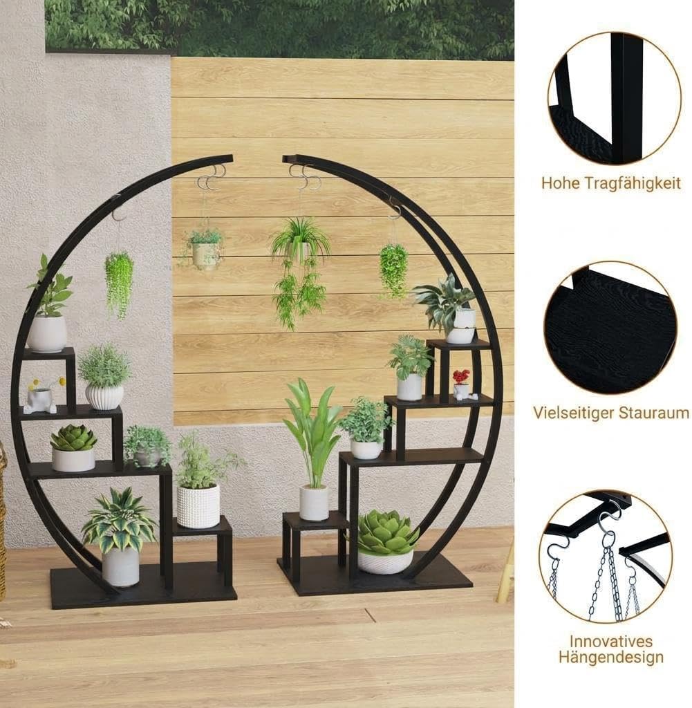 Pflanzenständer Metall 2er-Set, 5 Ebenen Blumenregal Halbmond, Hohe Blumentreppe Indoor, Pflanzenreg