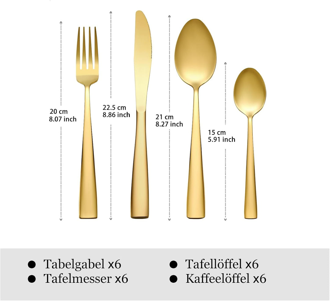 Otto Konig Besteck-Set, 24-teilig, für 6 Personen, Gold Edelstahl Besteck-Set, Messer Gabel Löffel K