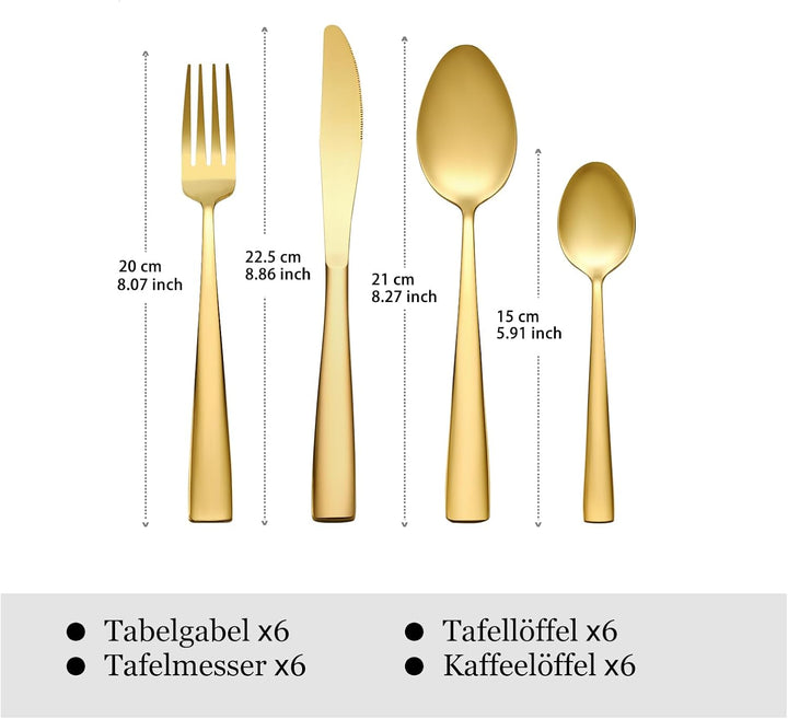 Otto Konig Besteck-Set, 24-teilig, für 6 Personen, Gold Edelstahl Besteck-Set, Messer Gabel Löffel K