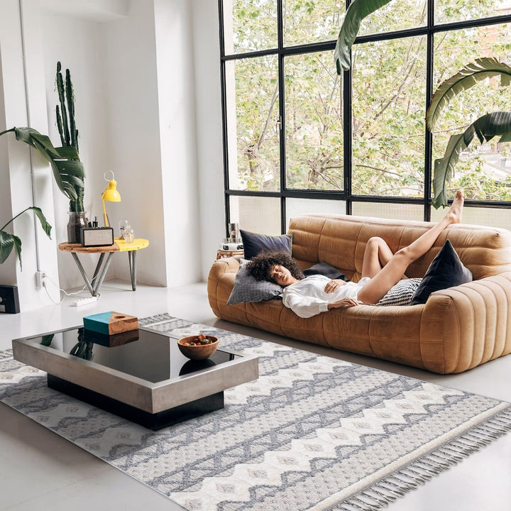 payé Teppich Wohnzimmer - Geometrische Muster - 80x150cm Grau Blau - Fransen Deko Boho Flauschig - C