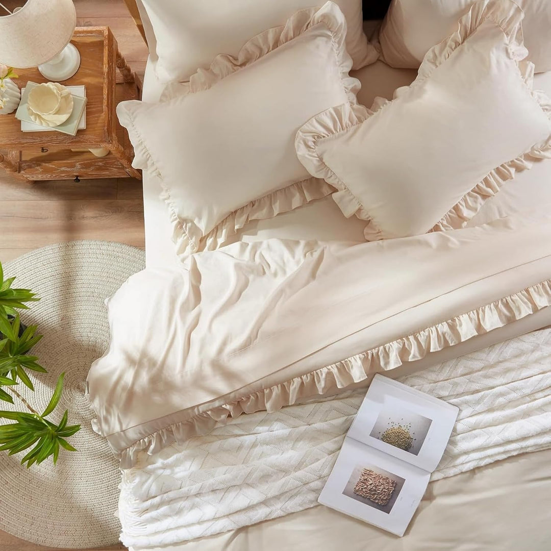 Freyamy Bettwäsche 155x220cm 2teilig Beige Rüschen Romantisch Mädchen Bettwäsche Uni Plisseefalten C