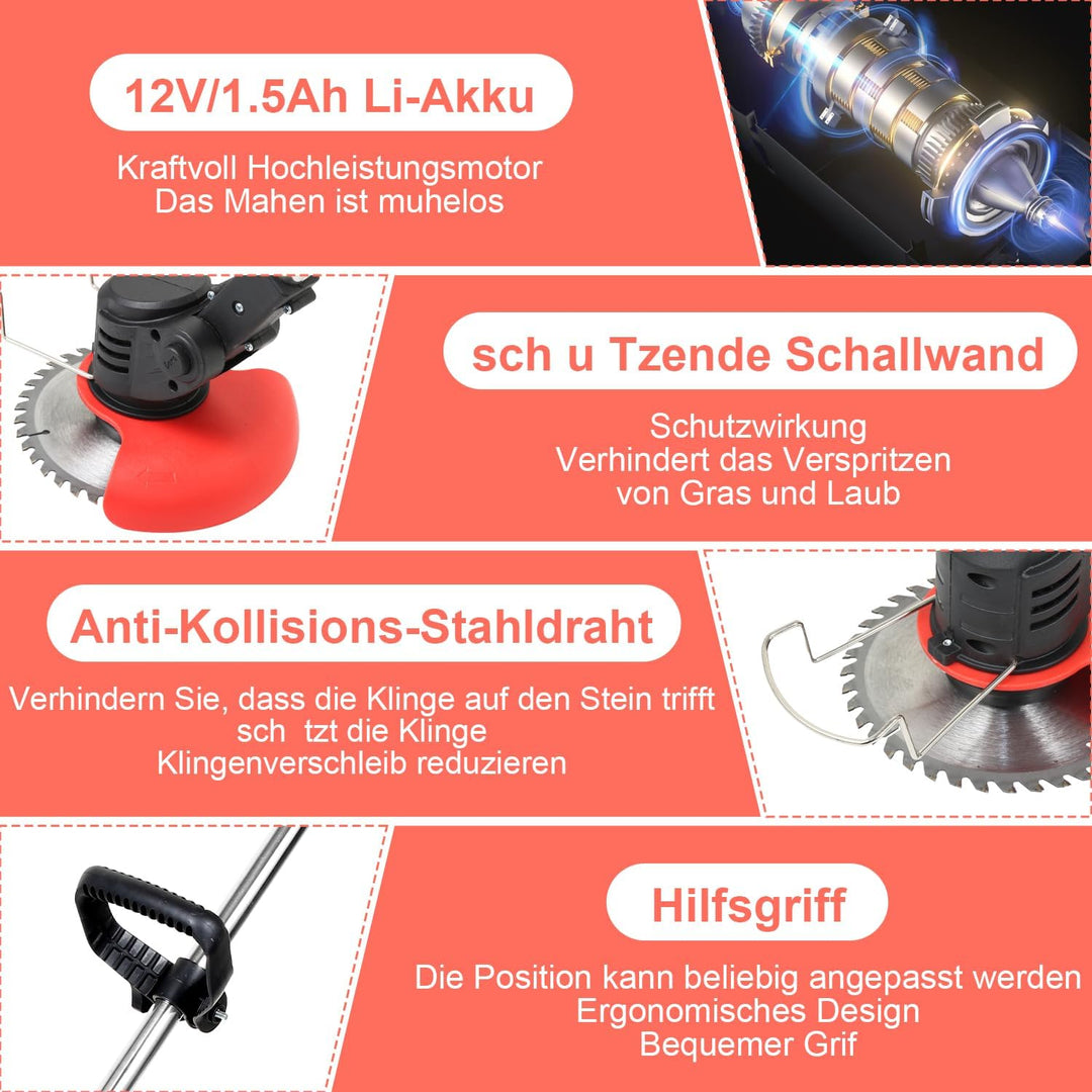 Akku-Rasentrimmer, Rasenkantenschneider (inkl. 2X 1.5Ah Akkus und Ladegerät), 2-in-1 Funktion Rasent