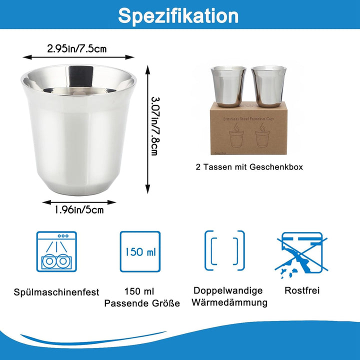 Easyworkz Espressotassen aus Edelstahl, doppelwandig, isoliert, 150ml Demitasse Tassen, 2er-Set, hit