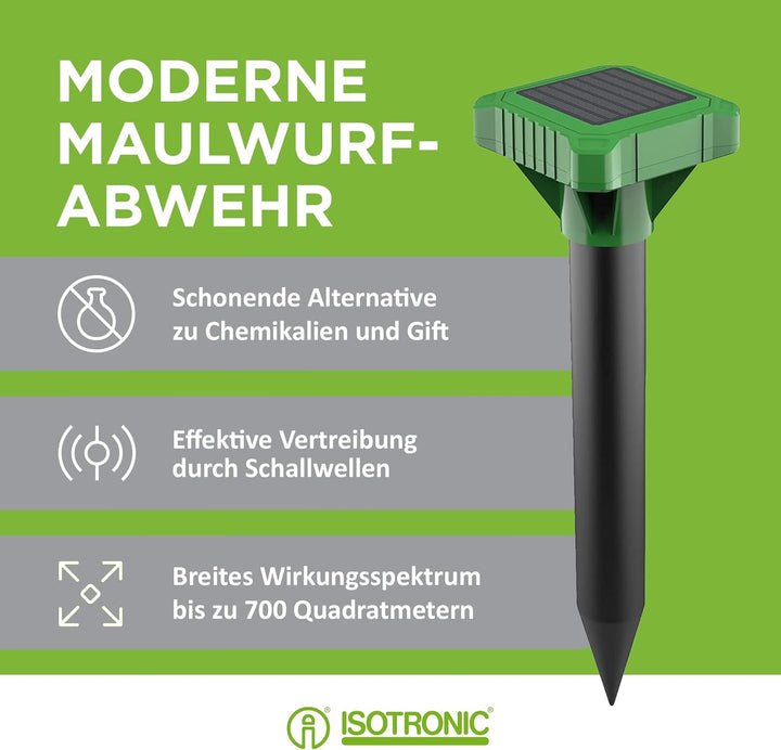 ISOTRONIC Solar Maulwurfabwehr zum Vertreiben von Maulwürfen, Wühlmäusen & Schlangen – Maulwurfschre