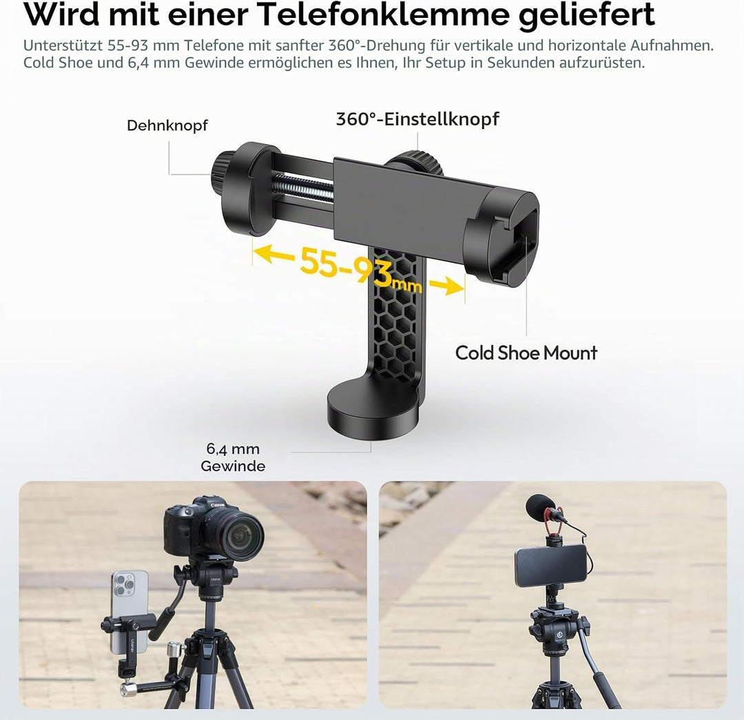 ULANZI Ombra Video II 157cm Videostativ mit Fluidkopf 360° Pan&-70°/+90° Tilt Pan, Travel Tripod mit