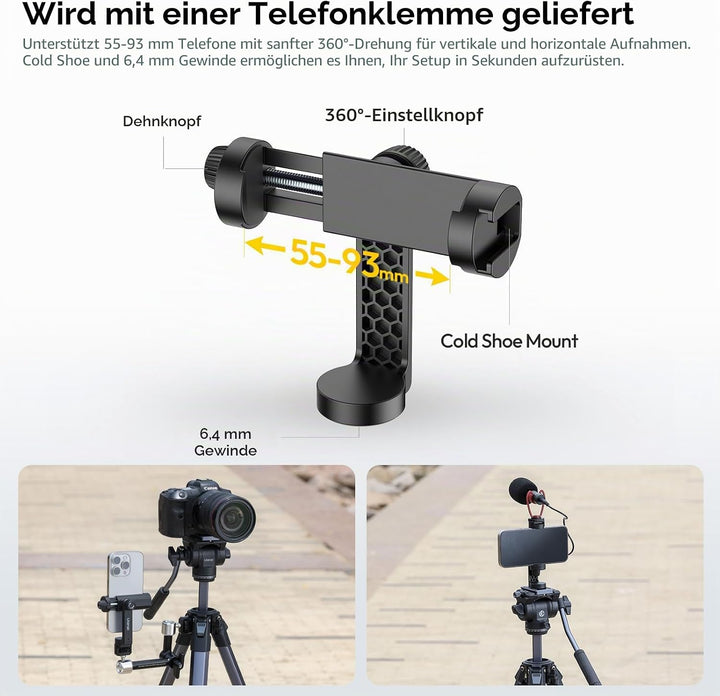 ULANZI Ombra Video II 157cm Videostativ mit Fluidkopf 360° Pan&-70°/+90° Tilt Pan, Travel Tripod mit