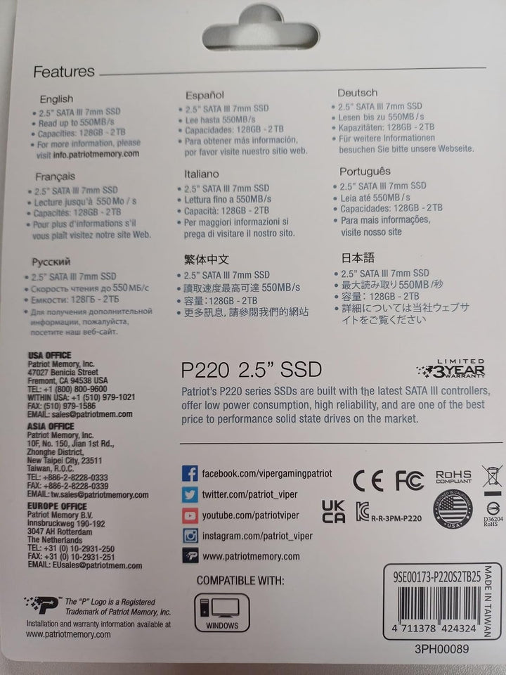 Patriot Memory P220 Internes Solid State Drive 2TB SSD SATA 3 2,5 Zoll