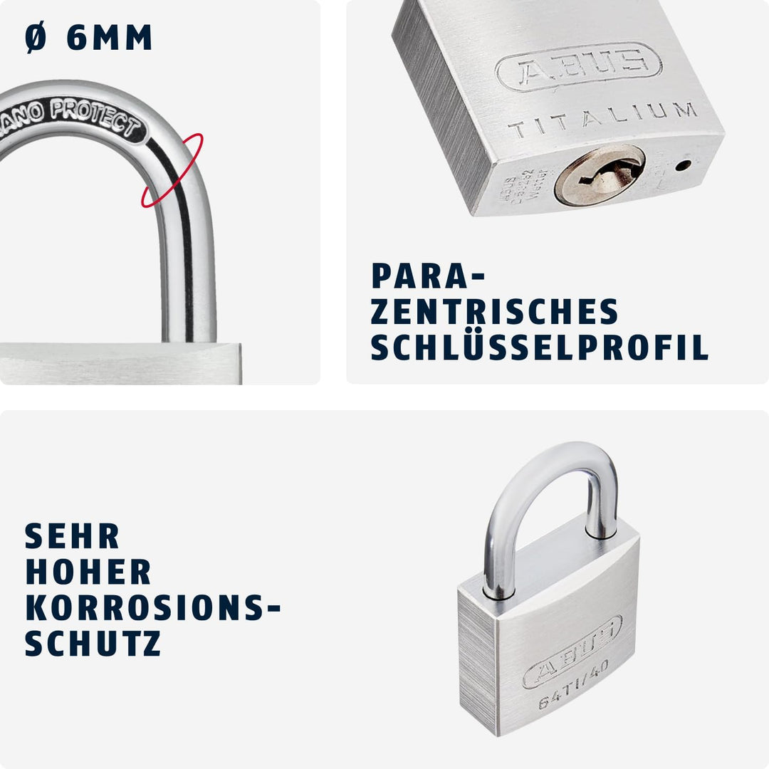 ABUS Vorhängeschloss Titalium 64TI/40 - Kellerschloss mit Schlosskörper aus Spezial-Aluminium - gehä