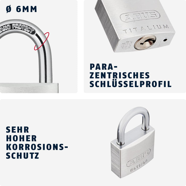ABUS Vorhängeschloss Titalium 64TI/40 - 4er Set, gleichschliessend - Kellerschloss mit Schlosskörper