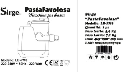 Sirge Nudelmaschine bis zu 850 g mit elektronischer Waage und 18 Drähten – 220 W – automatisches Aus