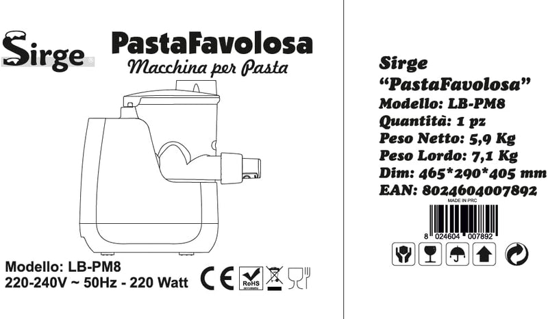 Sirge Nudelmaschine bis zu 850 g mit elektronischer Waage und 18 Drähten – 220 W – automatisches Aus