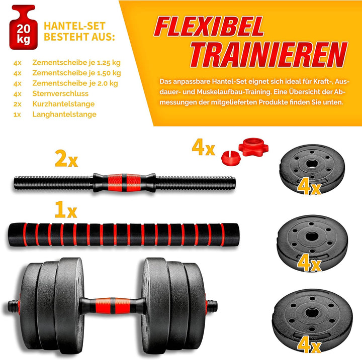 RE:SPORT 2 in 1 Hanteln Set 15-30kg | Hantelset verstellbar | Kurzhantel &amp; Langhantel | Sternverschl