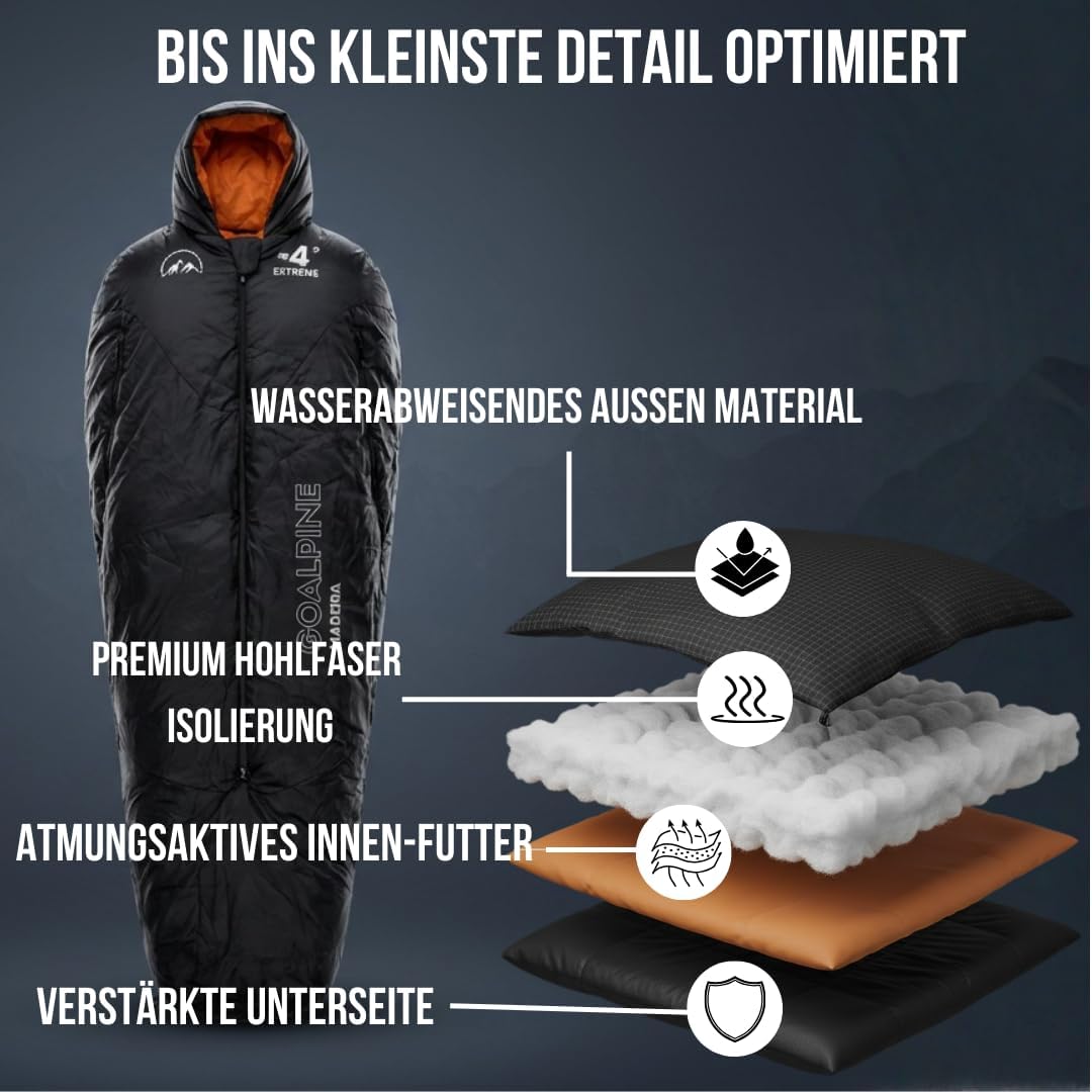 GOALPINE® Madeira Schlafsack für grosse Personen | 4 Jahreszeiten | mit Armöffnung | 400 GSM 0-10 Gr