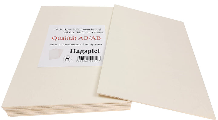 Hagspiel Laubsägeholz, 10 Stk. Sperrholz, Sperrholzplatten, Pappel 4 mm DIN A4 Qualität AB/AB, Laubs