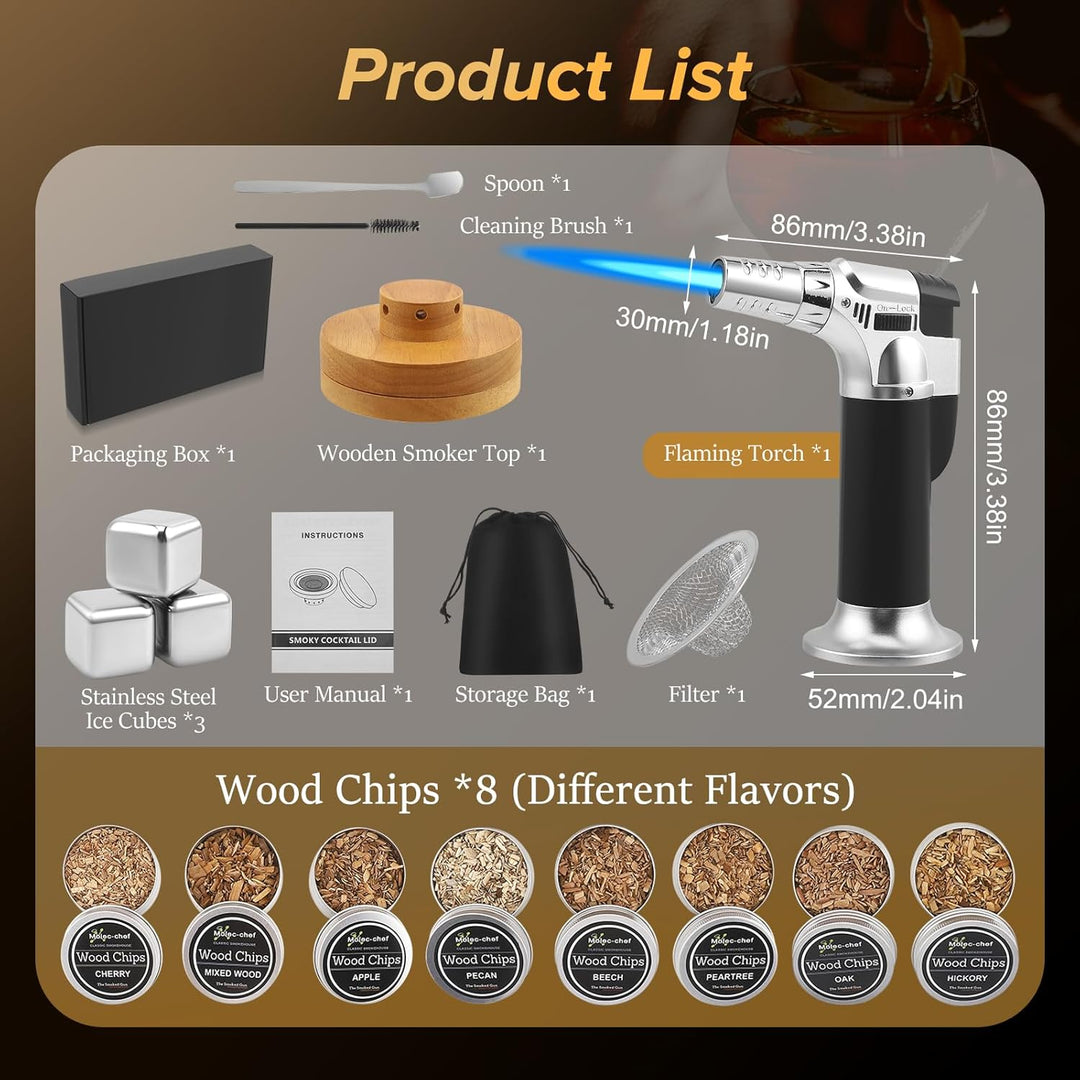 Whisky Smoker Set, whiskey smoker, 8 Holzchips, 3 Edelstahl-Whiskysteinen, Bar Zubehör, Geschenk für
