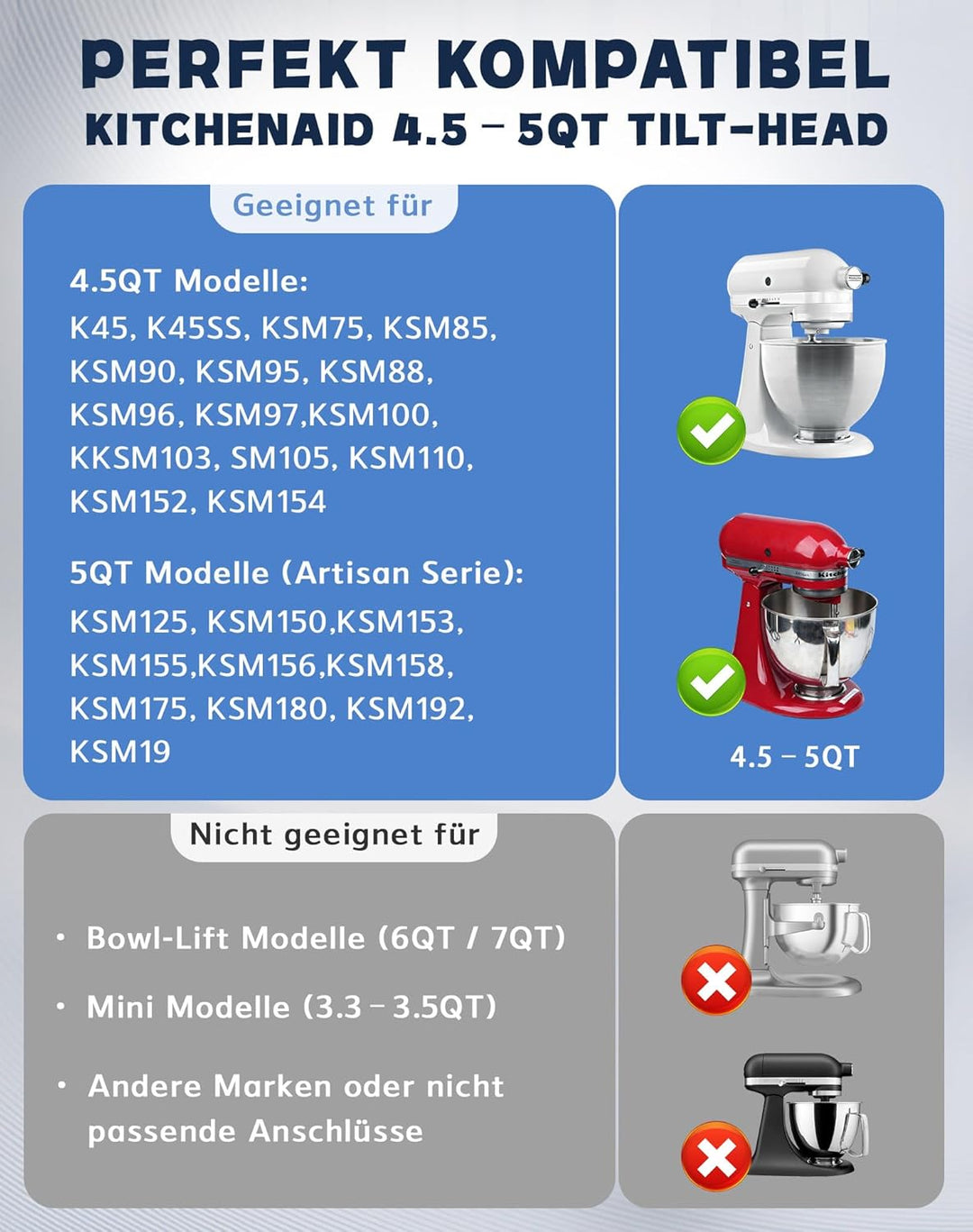 Knethaken für Kitchenaid 4.5/5QT Edelstahl Knethaken, Teigpeitsche für Standmixer, Artisan Rührhaken