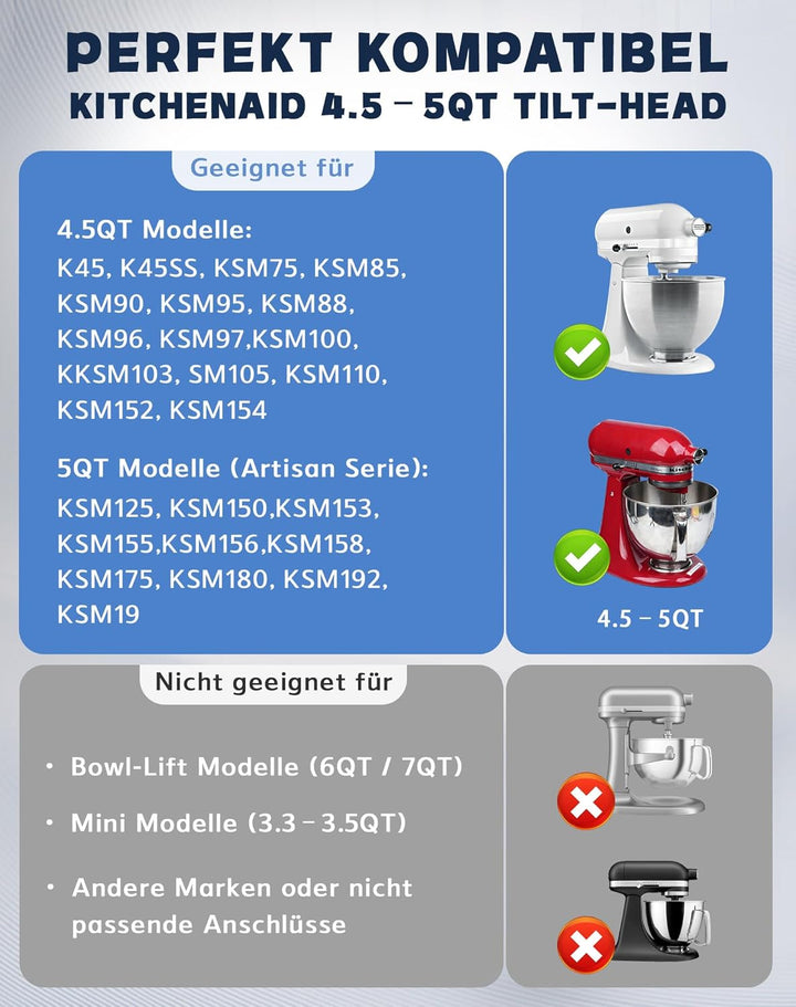 Knethaken für Kitchenaid 4.5/5QT Edelstahl Knethaken, Teigpeitsche für Standmixer, Artisan Rührhaken