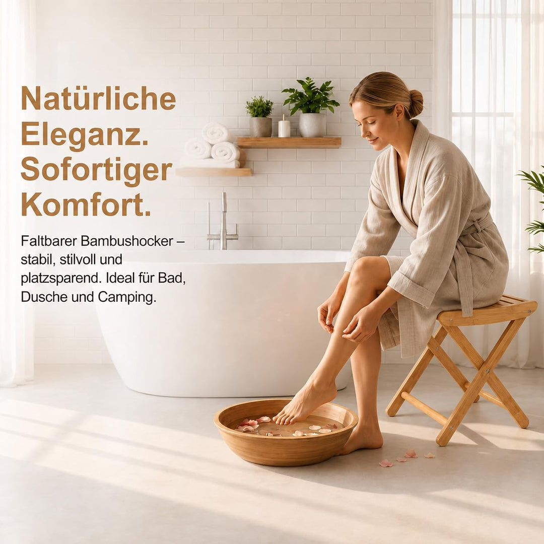 Faltbarer Bambus Duschhocker – Klappbarer Badhocker für Bad &amp; Dusche | Klappbarer Bambus-Duschhocker