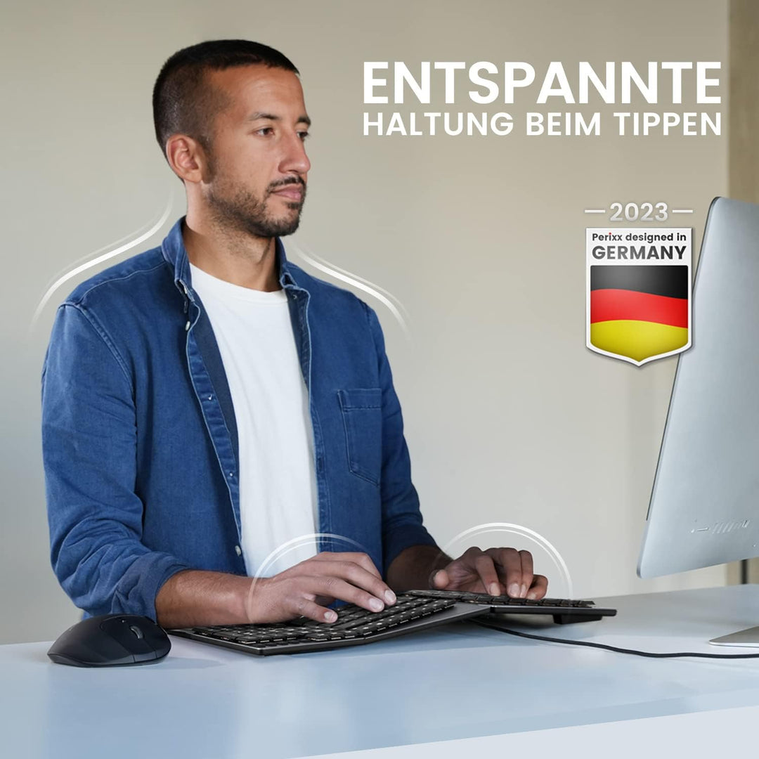 Perixx PERIBOARD-535BL Kabelgebundene ergonomische mechanische Tastatur in voller Grösse – Low Profi