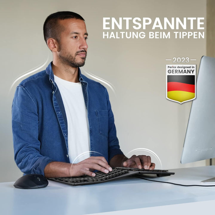 Perixx PERIBOARD-535BL Kabelgebundene ergonomische mechanische Tastatur in voller Grösse – Low Profi