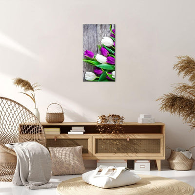 Bilder auf Leinwand Tulpen Holz Blumenstrauss Blumen Leinwandbild mit Rahmen 45x80cm Wandbilder Deko