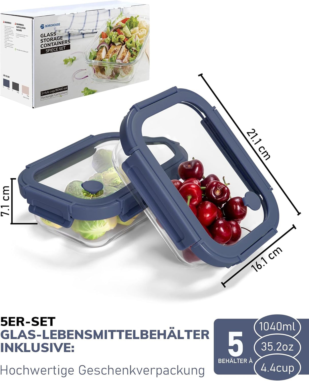 5er-Pack Borosilikatglasbehälter mit gehärtetemDeckel, 1040 ml/ 4,4 Tassen, luftdichtes Mahlzeiten-V