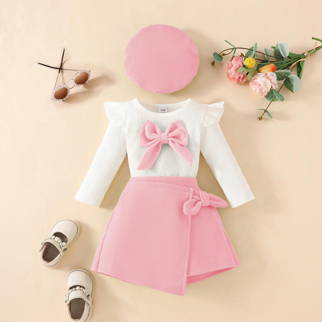 Kleinkind Baby Mädchen Outfits Rüschenärmel Gestrickt Bowknot Shirt + Elegant Mini Rock+ Baskenmütze