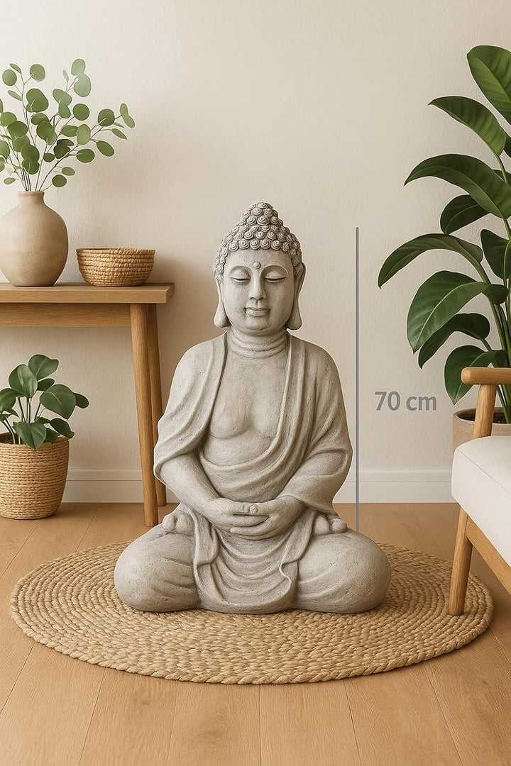 Worldconnection XXXL Grosser Buddha 70 cm Steinoptik Garten Deko Figur Skulptur Feng Shui sitzend St