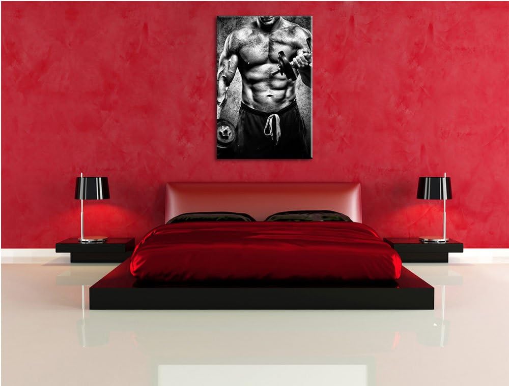Pixxprint Starker Bodybuilder mit Hantel als Leinwandbild/Grösse: 100x70 / Wandbild/Kunstdruck/ferti