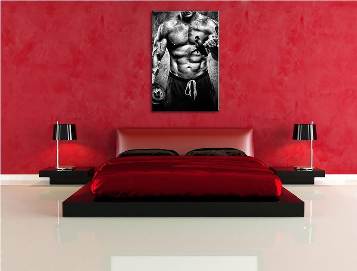 Pixxprint Starker Bodybuilder mit Hantel als Leinwandbild/Grösse: 100x70 / Wandbild/Kunstdruck/ferti