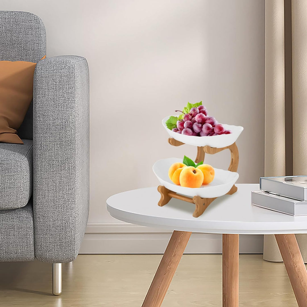 2-stöckige Obstschale Keramik Obst Etagere mit 2 Etagen Platzsparendes Obstkorb Etagere Obstkorbstän