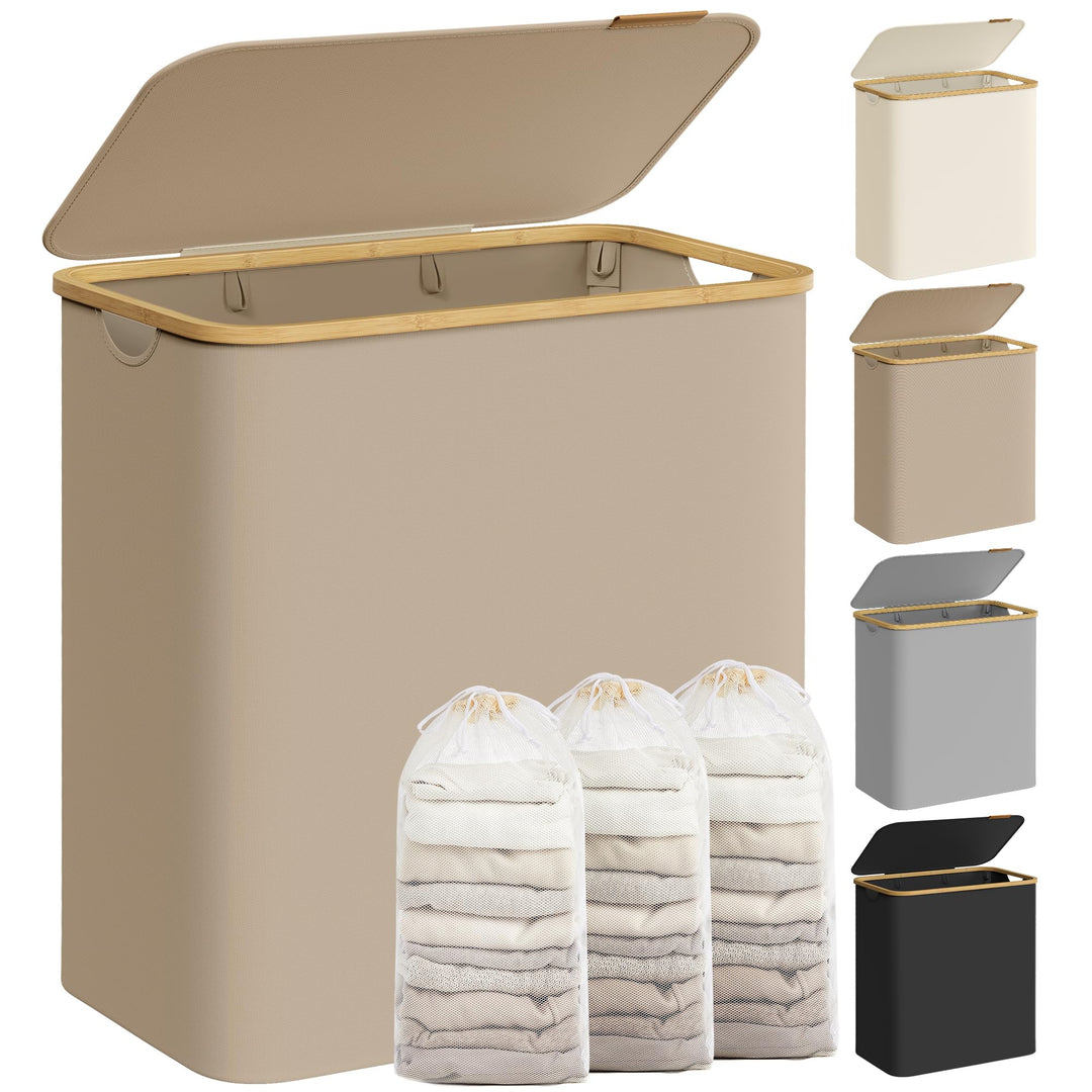 SONGMICS Wäschekorb mit Deckel, Wäschesammler mit 3 Fächern, 150 L, herausnehmbarer Wäschesack, Oxfo