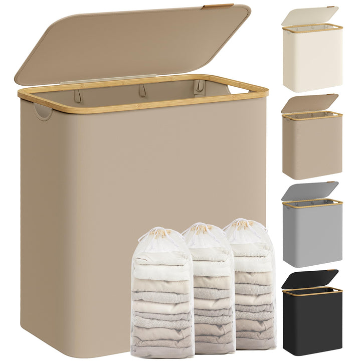 SONGMICS Wäschekorb mit Deckel, Wäschesammler mit 3 Fächern, 150 L, herausnehmbarer Wäschesack, Oxfo