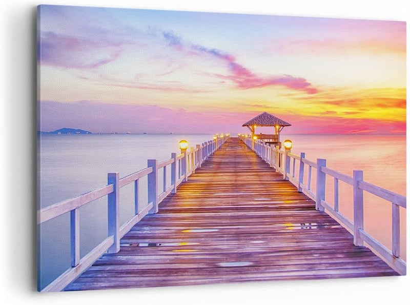 Bilder auf Leinwand 100x70cm Leinwandbild Sonnenuntergang Wasser Brücke Horizont Gross Wanddeko Bild