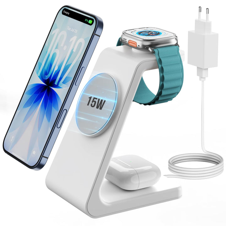 GEEKERA 3-in-1 Ladestation mit MagSafe, Qi2-zertifiziert 15W Schnell Induktive Ladegerät für iPhone
