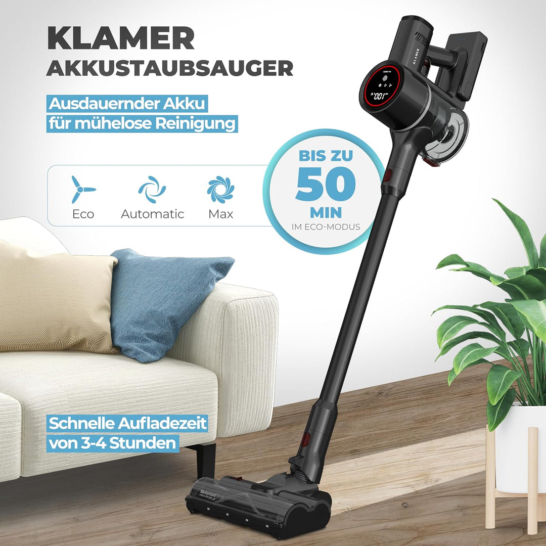 KLAMER Akku Staubsauger, 2-in-1 Staubsauger kabellos & Handstaubsauger, Akkulaufzeit bis 50 min, Akk