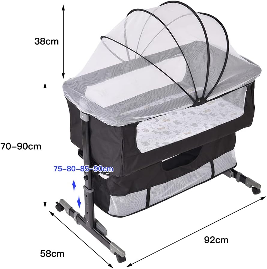 homewell 3 in 1 Babybett Beistellbett, Wiege mit Moskitonetz und Aufbewahrungskorb, Faltbares, Neigu