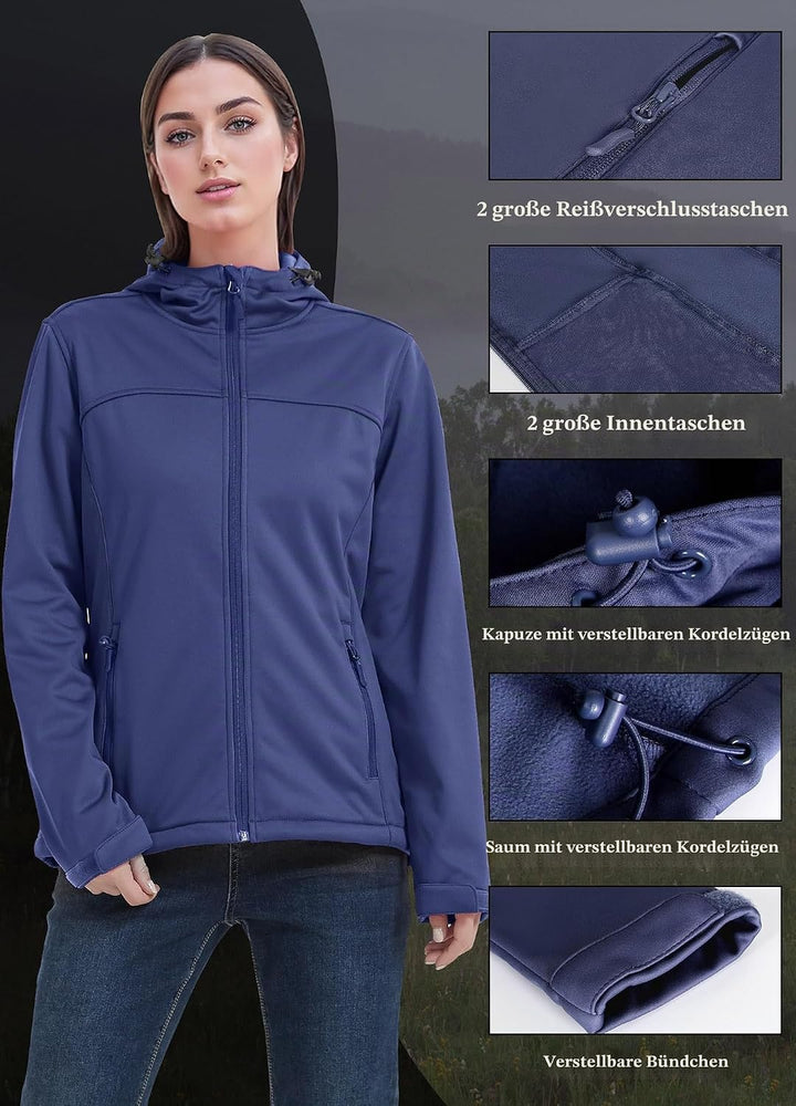 ATLASLAVA Damen Softshelljacke Wasserdichte Atmungsaktive Leichte Fleece Kapuze Übergangsjacke Laufe
