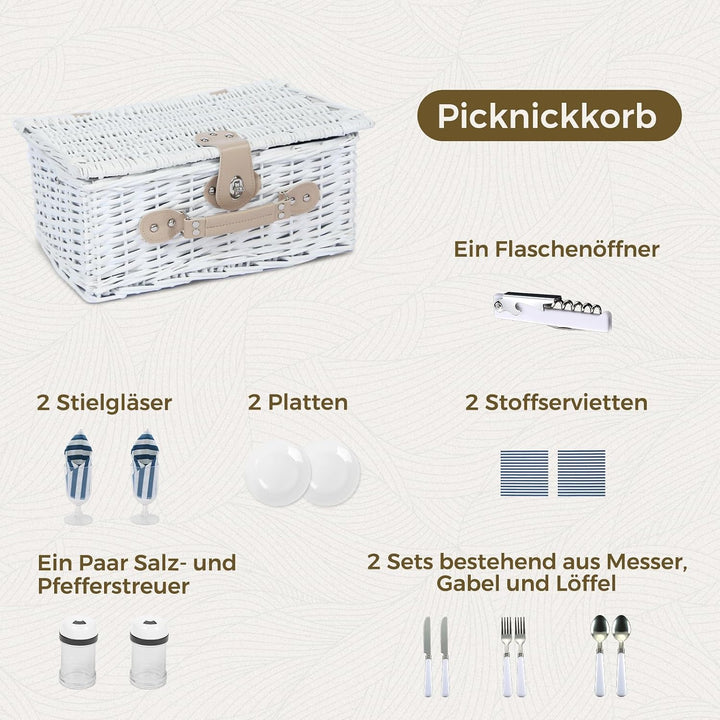Picknickkorb Set für 2 Person mit Kühlfach, Abnehmbarer Riemen, Weinbeutel, Besteck Set, für Camping